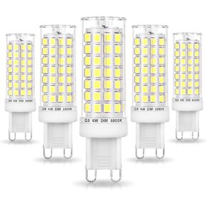 No Flicker G9 Led Bulbs Dimmable 6W Soft Warm White 2700K,40W 50W 60W Halogen Equivalent,AC120V Dimmable G9 T4 LED Bulb for Chandelier Pendant Ceiling Wall Light,600LM,360Deg(5Pack)