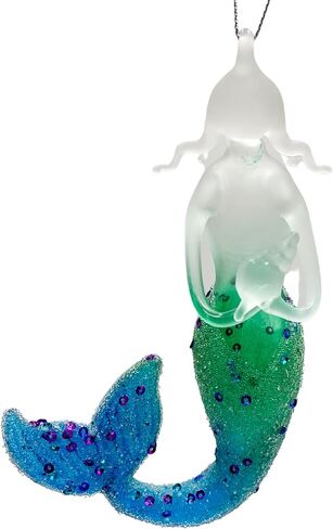 Mermaid Christmas Tree Glass Ornament, Glittery Pink Mermaids Tail with Silver Tone Hanging String, Unique Ocean Themed Xmas Decor (Pink,Silver) in Saudi Arabia