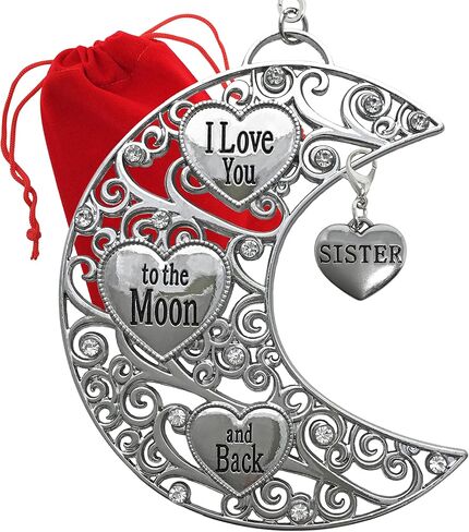 BANBERRY DESIGNS Sister I Love You to The Moon and Back - Silver Filigree Ornament with Heart Charm - Hearts and Jewel Design - Sister Gifts - Gift/Storage Bag Included in Saudi Arabia