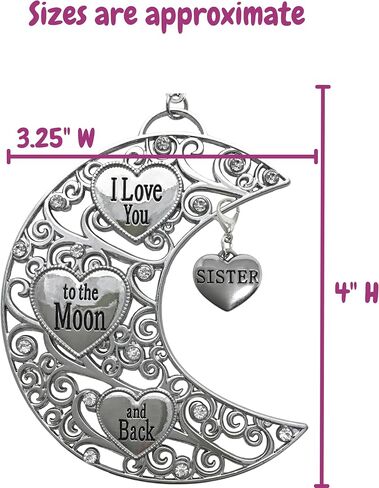 BANBERRY DESIGNS Sister I Love You to The Moon and Back - Silver Filigree Ornament with Heart Charm - Hearts and Jewel Design - Sister Gifts - Gift/Storage Bag Included in Saudi Arabia