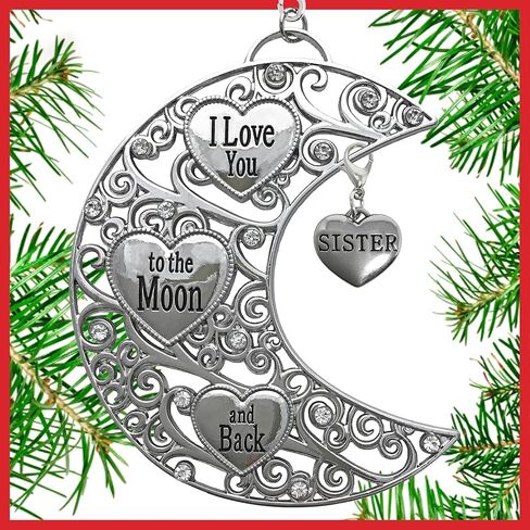 BANBERRY DESIGNS Sister I Love You to The Moon and Back - Silver Filigree Ornament with Heart Charm - Hearts and Jewel Design - Sister Gifts - Gift/Storage Bag Included in Saudi Arabia