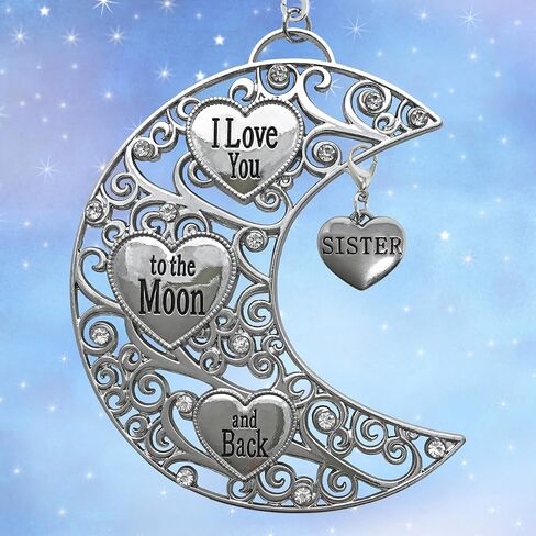 BANBERRY DESIGNS Sister I Love You to The Moon and Back - Silver Filigree Ornament with Heart Charm - Hearts and Jewel Design - Sister Gifts - Gift/Storage Bag Included in Saudi Arabia