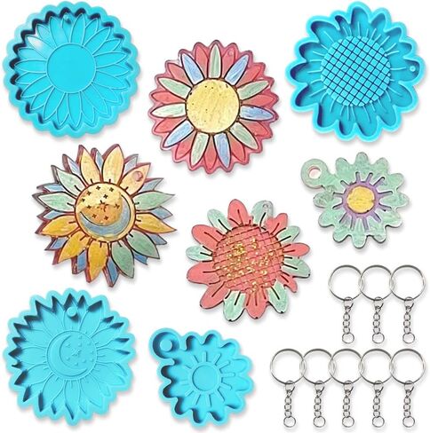 4 Pieces Silicone Keychain Pendant Molds, Flower Mold Epoxy Sunflower Silicone Keychain Resin Molds Sun Moon Blue Epoxy Molds with 8 Key Rings for DIY Jewelry Earrings Home Decor Casting Making in Saudi Arabia