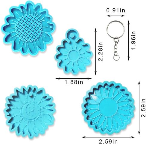 4 Pieces Silicone Keychain Pendant Molds, Flower Mold Epoxy Sunflower Silicone Keychain Resin Molds Sun Moon Blue Epoxy Molds with 8 Key Rings for DIY Jewelry Earrings Home Decor Casting Making in Saudi Arabia