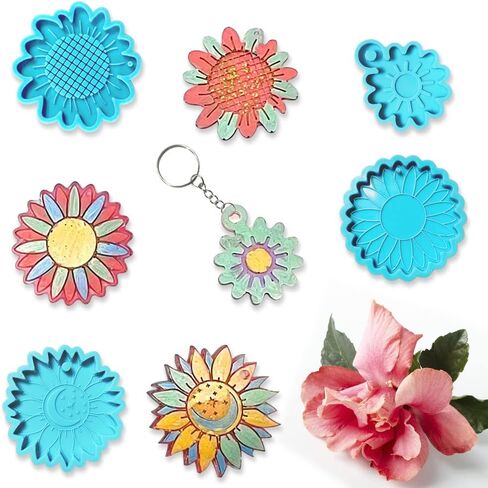 4 Pieces Silicone Keychain Pendant Molds, Flower Mold Epoxy Sunflower Silicone Keychain Resin Molds Sun Moon Blue Epoxy Molds with 8 Key Rings for DIY Jewelry Earrings Home Decor Casting Making in Saudi Arabia