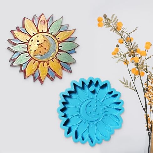 4 Pieces Silicone Keychain Pendant Molds, Flower Mold Epoxy Sunflower Silicone Keychain Resin Molds Sun Moon Blue Epoxy Molds with 8 Key Rings for DIY Jewelry Earrings Home Decor Casting Making in Saudi Arabia
