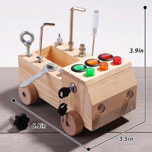شاحنة خشبية مونتيسوري لوحة مشغولة للأطفال الصغار، مجموعة أدوات تعلم المهارات الحركية الدقيقة لمرحلة ما قبل المدرسة مع مفك براغي، أضواء، مفاتيح، مفتاح، زر، سيارة مونتيسوري الخشبية التعليمية الحسية للأطفال in Kuwait