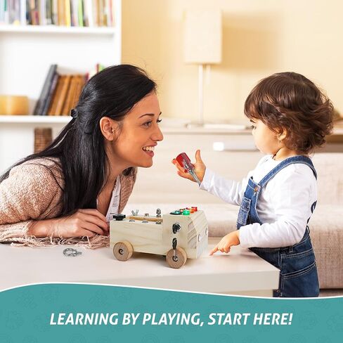 شاحنة خشبية مونتيسوري لوحة مشغولة للأطفال الصغار، مجموعة أدوات تعلم المهارات الحركية الدقيقة لمرحلة ما قبل المدرسة مع مفك براغي، أضواء، مفاتيح، مفتاح، زر، سيارة مونتيسوري الخشبية التعليمية الحسية للأطفال in Kuwait