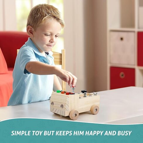 شاحنة خشبية مونتيسوري لوحة مشغولة للأطفال الصغار، مجموعة أدوات تعلم المهارات الحركية الدقيقة لمرحلة ما قبل المدرسة مع مفك براغي، أضواء، مفاتيح، مفتاح، زر، سيارة مونتيسوري الخشبية التعليمية الحسية للأطفال in Kuwait