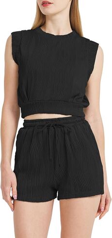 Womens Two Piece Short Outfits Summer Sets Sleeveless Scoop Neck Crop Tops and Striped Shorts in Saudi Arabia