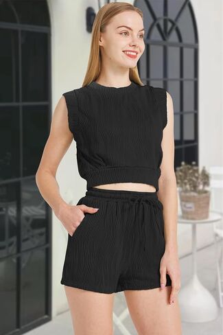 Womens Two Piece Short Outfits Summer Sets Sleeveless Scoop Neck Crop Tops and Striped Shorts in Saudi Arabia