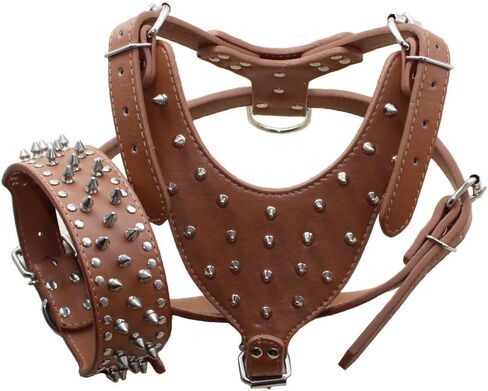 Dog Harness, Large Breed Spikes Studded Leather Dog Harness Vest with Dog Collar Set for Pitbull Mastiff Husky Boxer (Leopard1, L) in Kuwait