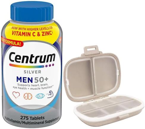 Centrum Silver Men 50+ Multivitamin, 275 Tablets Bundle with a Travel Pill Organizer, 8 Compartments Portable Pill Case, Color Khaki in Saudi Arabia