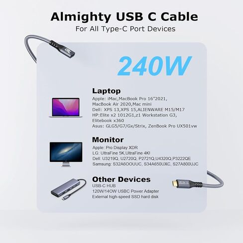 كابل تمديد USB C 3.2 بسرعة 20 جيجابت في الثانية، كابل تمديد USBC 3.2 Gen2 Type-c ذكر إلى أنثى فائق الدقة 4K@60 هرتز 240 وات شحن نقل بيانات 20 جيجابت في الثانية متوافق مع SSD eGPU الخارجي (امتداد 20G 240W-2M) in Kuwait