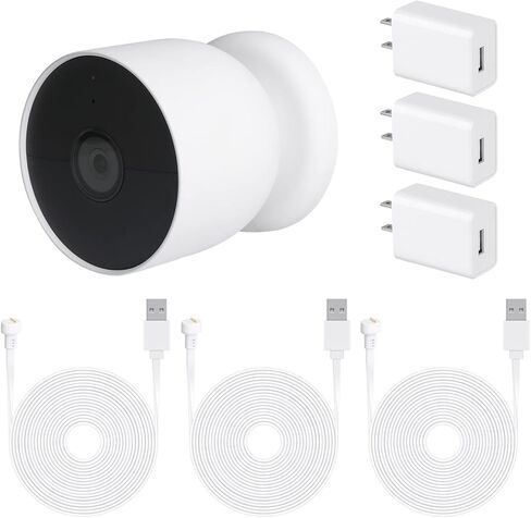 كابل طاقة مكون من 3 قطع متوافق مع Google Nest Cam في الهواء الطلق أو في الداخل، بطارية، كابل خارجي مقاوم للطقس بطول 30 قدمًا/9.1 متر يشحن باستمرار كاميرا Nest الخارجية (أبيض) in Kuwait
