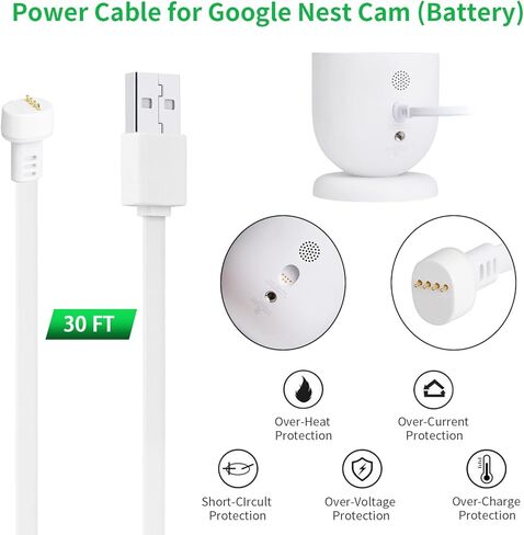 كابل طاقة مكون من 3 قطع متوافق مع Google Nest Cam في الهواء الطلق أو في الداخل، بطارية، كابل خارجي مقاوم للطقس بطول 30 قدمًا/9.1 متر يشحن باستمرار كاميرا Nest الخارجية (أبيض) in Saudi Arabia