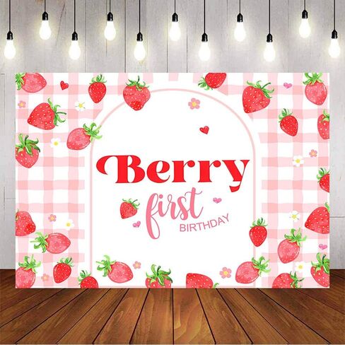 Pink Gingham Berry First Birthday Backdrop Strawberry First Birthday Background Berry Sweet Girls Birthday Backdrops Cake Table Decorations (7x5ft) in Saudi Arabia
