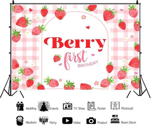 Pink Gingham Berry First Birthday Backdrop Strawberry First Birthday Background Berry Sweet Girls Birthday Backdrops Cake Table Decorations (7x5ft) in Saudi Arabia