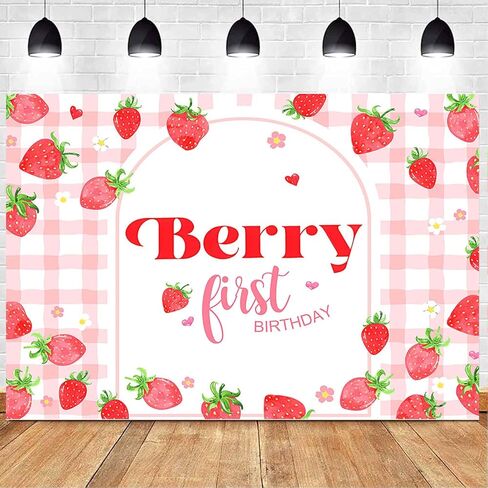 Pink Gingham Berry First Birthday Backdrop Strawberry First Birthday Background Berry Sweet Girls Birthday Backdrops Cake Table Decorations (7x5ft) in Saudi Arabia