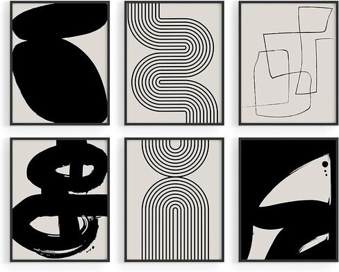 HAUS AND HUES Black Abstract Painting Aesthetic - Set of 6, Modern Abstract, Black and Gray, One Line Abstract Art, Geometric Print, Minimalist wall art (8" x 10", UNFRAMED) in Saudi Arabia