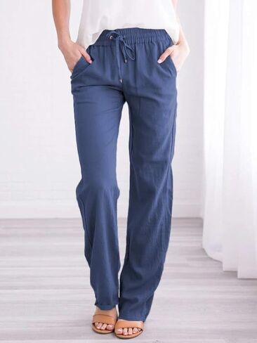 Women's Linen Cotton Casual Pants Palazzo Drawstring with Pockets Elastic Waist Wide Straight Leg Loose Trousers in Saudi Arabia