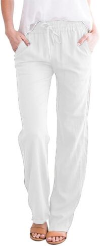 Women's Linen Cotton Casual Pants Palazzo Drawstring with Pockets Elastic Waist Wide Straight Leg Loose Trousers in Saudi Arabia
