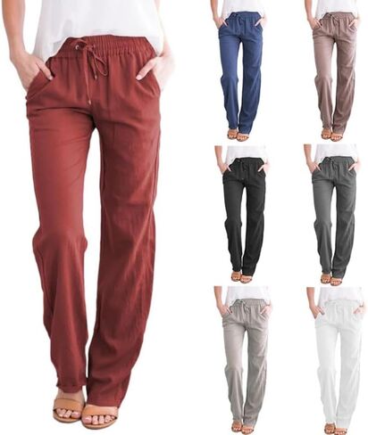 Women's Linen Cotton Casual Pants Palazzo Drawstring with Pockets Elastic Waist Wide Straight Leg Loose Trousers in Saudi Arabia