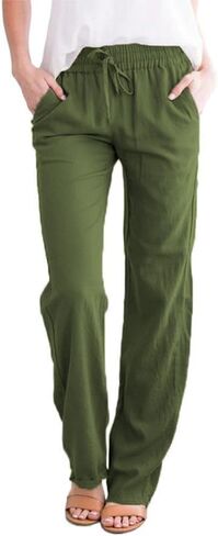 Women's Linen Cotton Casual Pants Palazzo Drawstring with Pockets Elastic Waist Wide Straight Leg Loose Trousers in Saudi Arabia