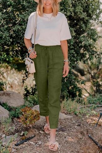 Women's Linen Cotton Casual Pants Palazzo Drawstring with Pockets Elastic Waist Wide Straight Leg Loose Trousers in Saudi Arabia