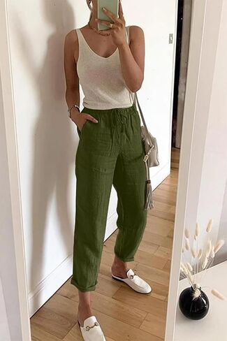 Women's Linen Cotton Casual Pants Palazzo Drawstring with Pockets Elastic Waist Wide Straight Leg Loose Trousers in Saudi Arabia