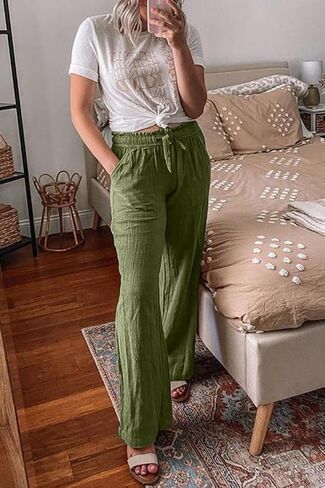 Women's Linen Cotton Casual Pants Palazzo Drawstring with Pockets Elastic Waist Wide Straight Leg Loose Trousers in Saudi Arabia