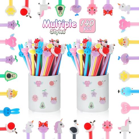 Marspark 140 Pieces Cute Cartoon Gel Ink Pens Black Ink Cool Kawaii Cute Pens Bulk Assorted Style Novelty Office Rollerball for Student Kids School Supplies Present(Cool Animal) in Saudi Arabia