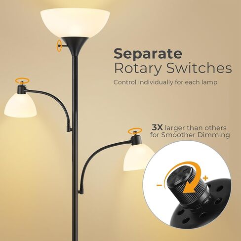 Led Floor Lamp, Torchiere Bright Black Floor Lamp with 2 Reading Lamps, Led Tall Standing Pole Lamps for Living Room Bedroom Office, 3 Way Switch, 3 Led Bulbs Included in Saudi Arabia