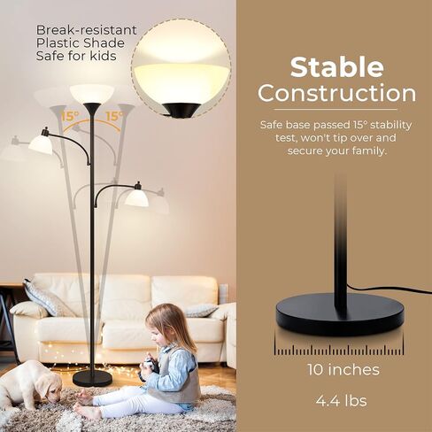 Led Floor Lamp, Torchiere Bright Black Floor Lamp with 2 Reading Lamps, Led Tall Standing Pole Lamps for Living Room Bedroom Office, 3 Way Switch, 3 Led Bulbs Included in Saudi Arabia