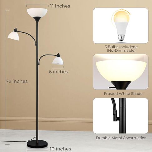 Led Floor Lamp, Torchiere Bright Black Floor Lamp with 2 Reading Lamps, Led Tall Standing Pole Lamps for Living Room Bedroom Office, 3 Way Switch, 3 Led Bulbs Included in Saudi Arabia
