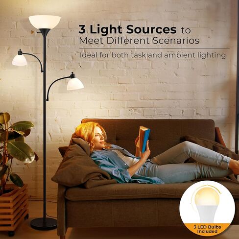 Led Floor Lamp, Torchiere Bright Black Floor Lamp with 2 Reading Lamps, Led Tall Standing Pole Lamps for Living Room Bedroom Office, 3 Way Switch, 3 Led Bulbs Included in Saudi Arabia