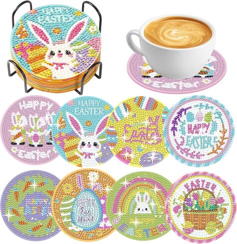 8 قطع من قواعد الأكواب الفنية الماسية لعيد الفصح من JUNEBRUHSS، قواعد الأكواب المصنوعة من الألماس على شكل أرنب عيد الفصح مع حامل مجموعات الطلاء لمستلزمات تزيين المنزل وحفلات عيد الفصح in Kuwait