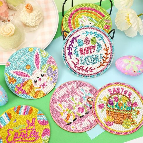 8 قطع من قواعد الأكواب الفنية الماسية لعيد الفصح من JUNEBRUHSS، قواعد الأكواب المصنوعة من الألماس على شكل أرنب عيد الفصح مع حامل مجموعات الطلاء لمستلزمات تزيين المنزل وحفلات عيد الفصح in Kuwait