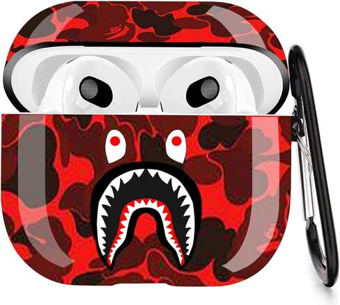 حافظة Air Pods IMD من السيليكون المموهة بأسنان القرش من الجيل الثالث [إصدار 2021]، وغطاء واقٍ لشحن AirPods وغطاء شحن لاسلكي وهدية رائعة (أحمر) in Kuwait