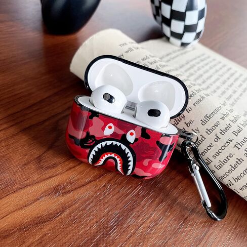 حافظة Air Pods IMD من السيليكون المموهة بأسنان القرش من الجيل الثالث [إصدار 2021]، وغطاء واقٍ لشحن AirPods وغطاء شحن لاسلكي وهدية رائعة (أحمر) in Kuwait