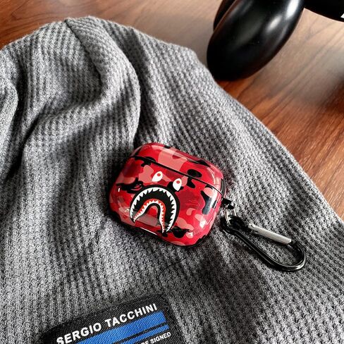 حافظة Air Pods IMD من السيليكون المموهة بأسنان القرش من الجيل الثالث [إصدار 2021]، وغطاء واقٍ لشحن AirPods وغطاء شحن لاسلكي وهدية رائعة (أحمر) in Kuwait