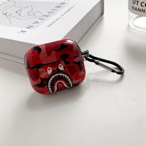 حافظة Air Pods IMD من السيليكون المموهة بأسنان القرش من الجيل الثالث [إصدار 2021]، وغطاء واقٍ لشحن AirPods وغطاء شحن لاسلكي وهدية رائعة (أحمر) in Kuwait