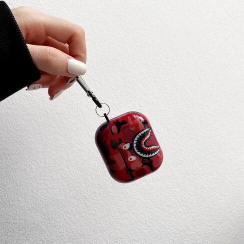 حافظة Air Pods IMD من السيليكون المموهة بأسنان القرش من الجيل الثالث [إصدار 2021]، وغطاء واقٍ لشحن AirPods وغطاء شحن لاسلكي وهدية رائعة (أحمر) in Kuwait