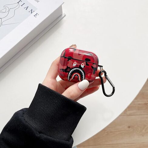 حافظة Air Pods IMD من السيليكون المموهة بأسنان القرش من الجيل الثالث [إصدار 2021]، وغطاء واقٍ لشحن AirPods وغطاء شحن لاسلكي وهدية رائعة (أحمر) in Kuwait