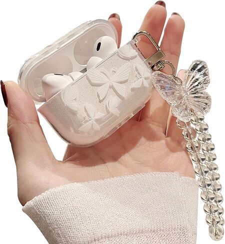 MINSCOSE Cute Airpod pro 2 Clear Case with Keychain,Cute Bling Glitter Butterfly Pattern Design Soft Silicone Smooth Shockproof Compatible with Airpods Pro Charging Case for Girls Women in Saudi Arabia