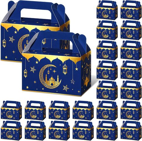 TaoBary 24 Pack Eid Al Adha Treat Box Muslin Islam Ramadan Party Candy Boxes Paper Eid Gift Boxes Foldable Eid Mubarak for Eid Al Adha Party Muslim Party Supplies, Goodie and Gifts(Blue and Gold) in Saudi Arabia