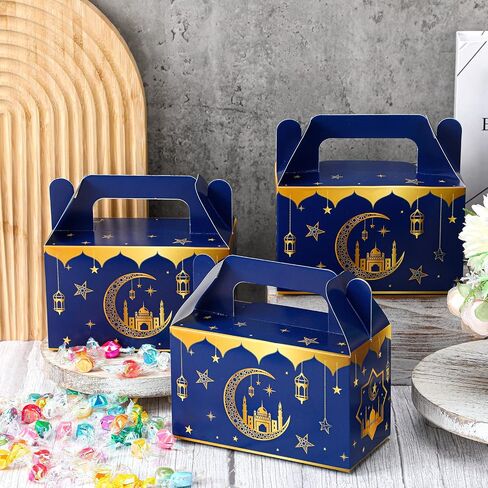 TaoBary 24 Pack Eid Al Adha Treat Box Muslin Islam Ramadan Party Candy Boxes Paper Eid Gift Boxes Foldable Eid Mubarak for Eid Al Adha Party Muslim Party Supplies, Goodie and Gifts(Blue and Gold) in Saudi Arabia