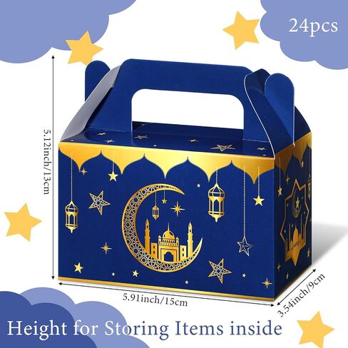 TaoBary 24 Pack Eid Al Adha Treat Box Muslin Islam Ramadan Party Candy Boxes Paper Eid Gift Boxes Foldable Eid Mubarak for Eid Al Adha Party Muslim Party Supplies, Goodie and Gifts(Blue and Gold) in Saudi Arabia