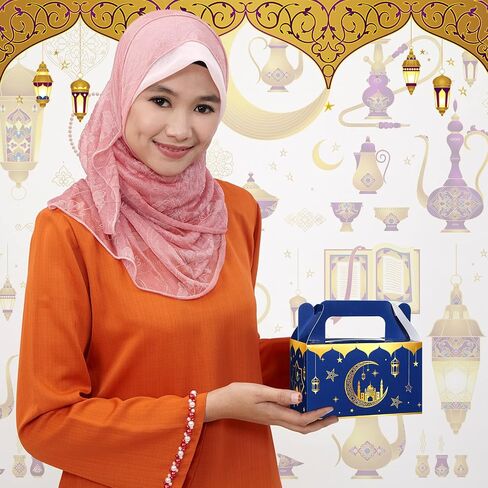 TaoBary 24 Pack Eid Al Adha Treat Box Muslin Islam Ramadan Party Candy Boxes Paper Eid Gift Boxes Foldable Eid Mubarak for Eid Al Adha Party Muslim Party Supplies, Goodie and Gifts(Blue and Gold) in Saudi Arabia