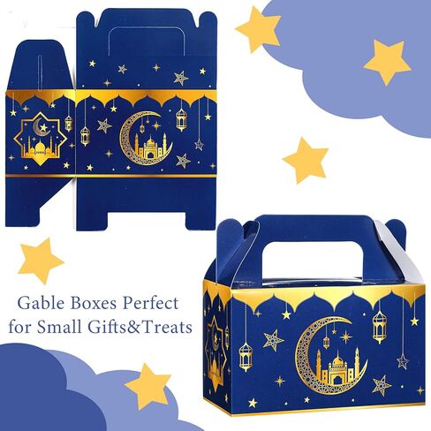 TaoBary 24 Pack Eid Al Adha Treat Box Muslin Islam Ramadan Party Candy Boxes Paper Eid Gift Boxes Foldable Eid Mubarak for Eid Al Adha Party Muslim Party Supplies, Goodie and Gifts(Blue and Gold) in Saudi Arabia